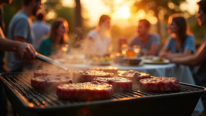 Barbecue Grilling With Friends At Sunset