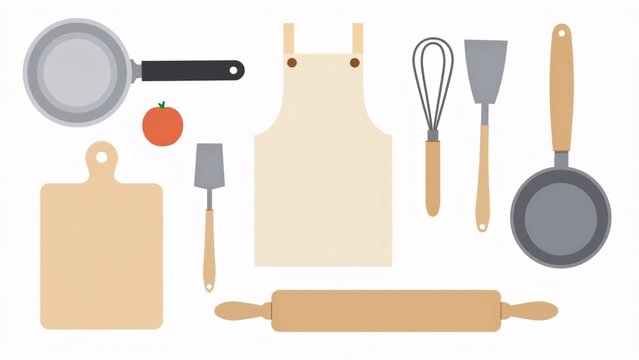kitchen tools flat lay, cooking utensils, white background clip art preview