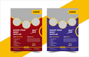 Naklejka premium Modern Gym Flyer Template for Fitness Promotion Professional Fitness Club Flyer Design for Gym Advertising Creative Gym Flyer for Workout & Personal Training Services Modern Fitness Flyer.