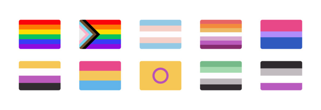 Set of Rounded Rectangle Pride Flags Representing Rainbow Progressive and LGBTQIA+ Identities Including Lesbian Transgender Nonbinary Pansexual Aromantic Asexual Bisexual and Intersex in Vector