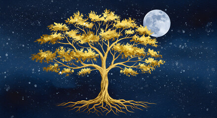 Fototapeta premium Golden tree standing before a full moon in a starlit dreamscape panorama