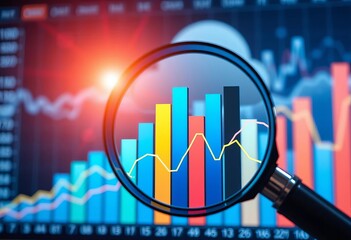 Magnified bar chart and line graph data points under lens cloud,  visualization,  information