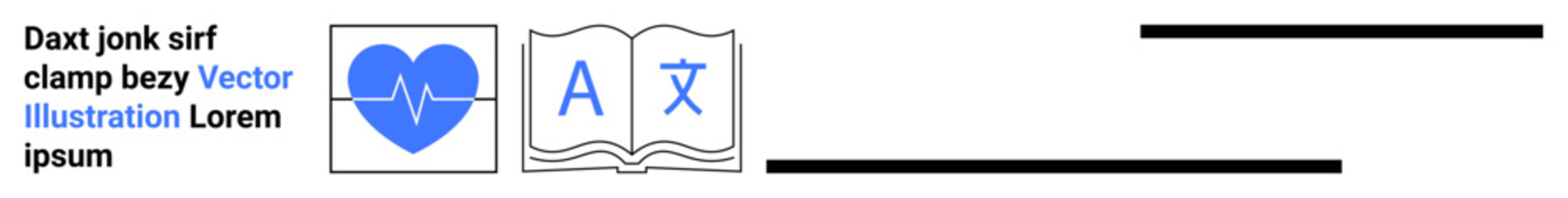 Heartbeat and translation symbols beside lorem ipsum text. Ideal for healthcare, education, language, technology, translation, data, simple landing page