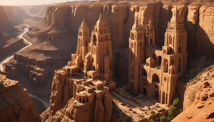 Ancient Cliffside Temples Amidst a Vast Canyon Landscape at Sunset