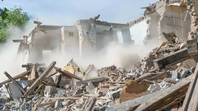 Building demolition in progress with debris scattered around, showcasing the destruction and chaos of urban renewal, construction site concept