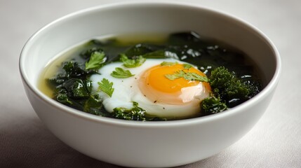 Nutritious Kale Soup with Egg in Minimalist Bowl