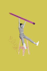 Vertical art creative zine photo collage of happy girl guy sit stool scribble hold pencil doodle...