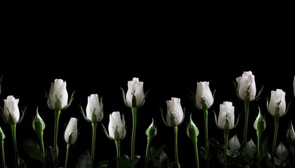 elegant white roses in bloom against black background with lush green stems perfect for minimal web design, luxury branding, modern poster, botanical print, or fine art decor

