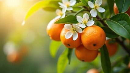 Calamondin Branch With Blossoms And Fruit