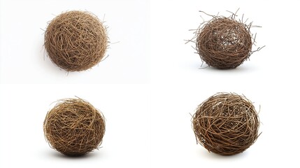 Four spherical nests of interwoven light brown plant fibers, set against a plain white background.  Each sphere is centered, showing intricate weaving and a slightly uneven texture