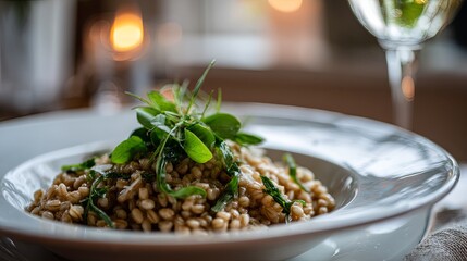 Pearled Barley Risotto with Wild Herbs on White Plate