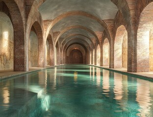 an underground, ancient Roman bathhouse, with water reflecting the stone walls and arches. The pool is filled with clear, green waters that reflect light from above.