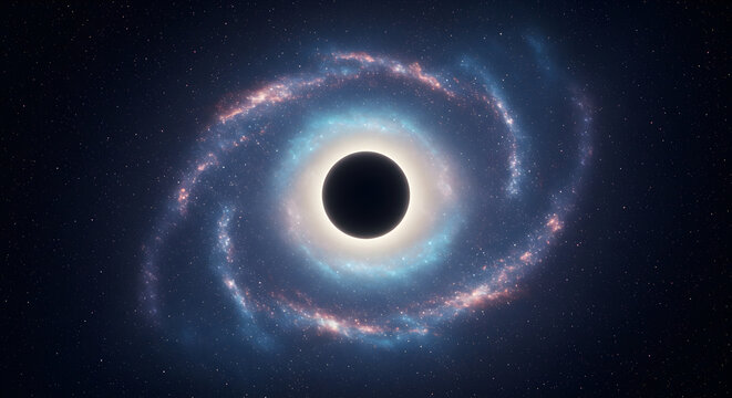 Artistic depiction of a black hole in space with swirling galaxy elements