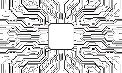 Abstract black circuit board technology connected lines electronics elements computer motherboard chip processor semiconductor digital on white background vector