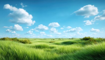 A lush green meadow under a bright blue sky with scattered clouds, creating a serene and peaceful natural landscape.