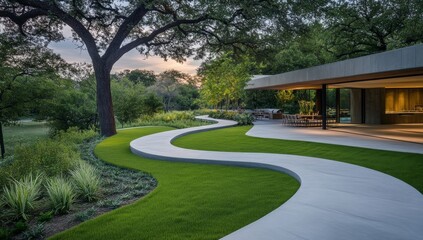 Photo of modern landscaping with a winding concrete walkway leading to an outdoor dining area. Green grass and lush plants surround the path, with trees in the background and an evening sky.