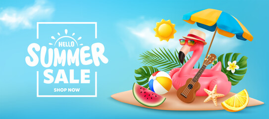 Summer banner with summer beach scene featuring inflatable flamingo,beach umbrella, tropical fruits, ukulele, beach ball, palm leaves bright sunshine on blue background, Promotion template for summer