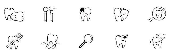 Tooth protection and dental care outline icon vector illustration set with cavity prevention cleaning tools inspection shield sparkle oral health hygiene.