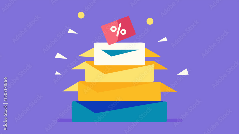 Poster discount percentage symbols a stacked row of envelopes with big colorful discount symbols % off burs