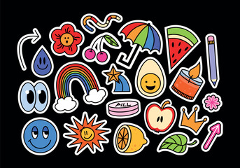 Funny futuristic y2k patches, labels, tags, stamps in retro style. Cartoon stickers in funky hipster grunge 90s style. Cute flat illustrations for kids. Doodle isolated vector set, trendy promo labels