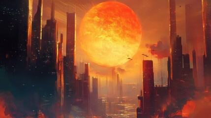 A futuristic cityscape under a fiery crimson sun.