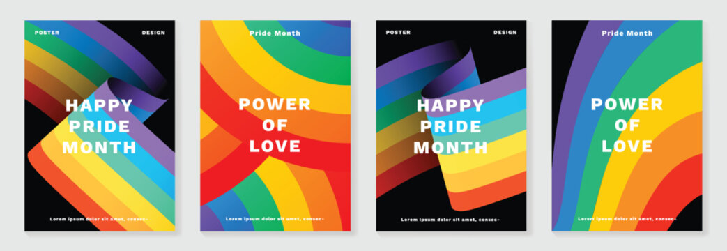 Happy Pride month poster background vector set. LGBTQ community symbol with rainbow, pride flag, heart. Design for celebration, bisexual, transgender, party poster, rights, ads.