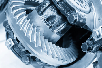 Close up scene the transmission gear parts in the light blue scene.