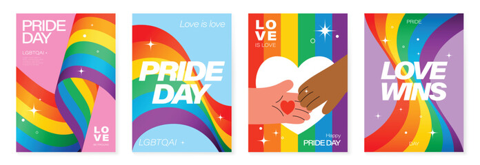 Fototapeta premium Happy Pride month poster background vector set. LGBTQ community symbol with rainbow, pride flag, heart. Design for celebration, bisexual, transgender, party poster, rights, ads.