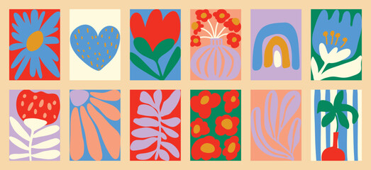 Botanical doodle background art vector set. Flower and leaves abstract shape doodle art design for print, wallpaper, clipart, wall art for home decoration.