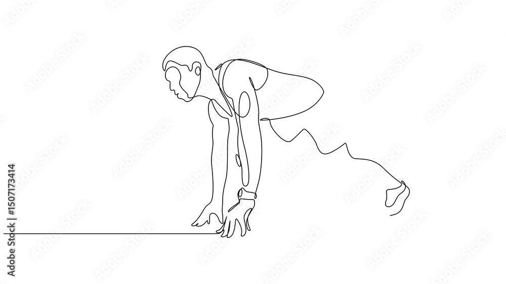 Poster animated self drawing of continuous line draw active male athlete starting his sprint on running tra
