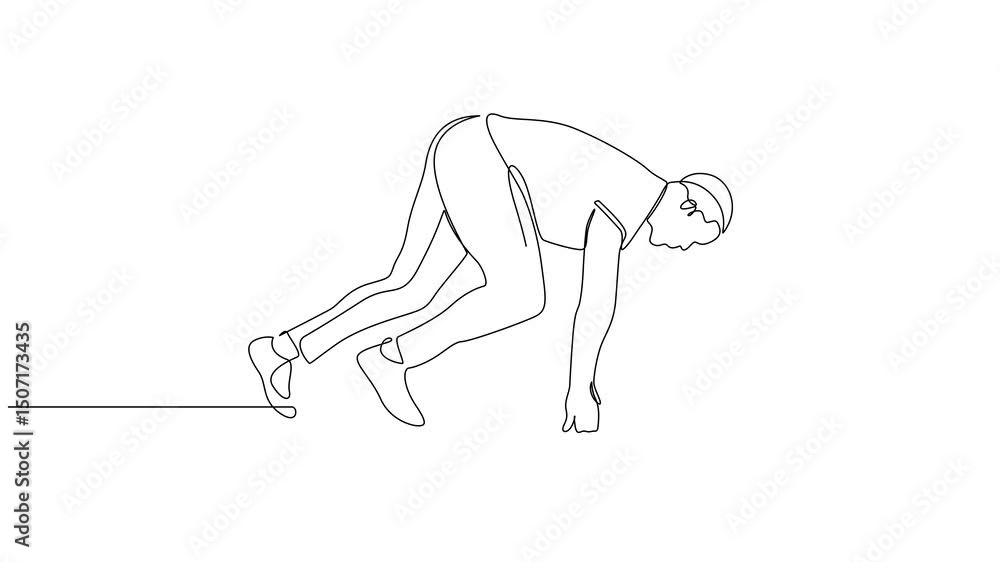 Poster animated self drawing of continuous line draw active male athlete starting his sprint on running tra