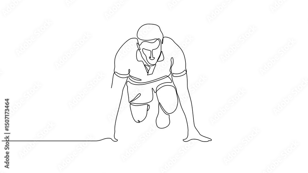 Poster animated self drawing of continuous line draw active male athlete starting his sprint on running tra