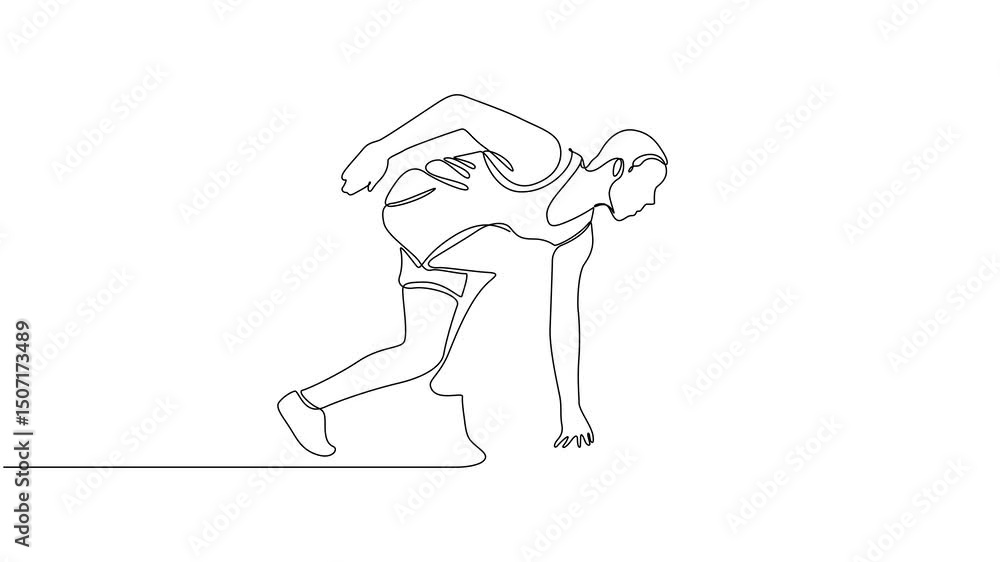 Poster animated self drawing of continuous line draw active male athlete starting his sprint on running tra