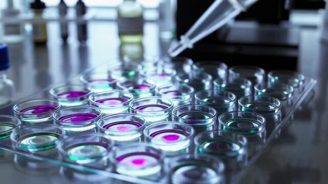 Pipette filling glass petri dishes with colored liquid in laboratory environment