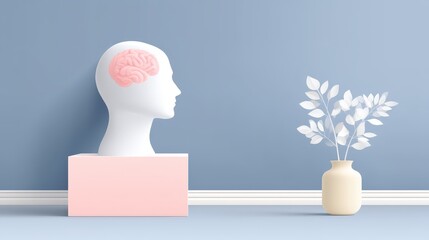 Simplified human head with brain in 3D minimal design, clean and soft isolation