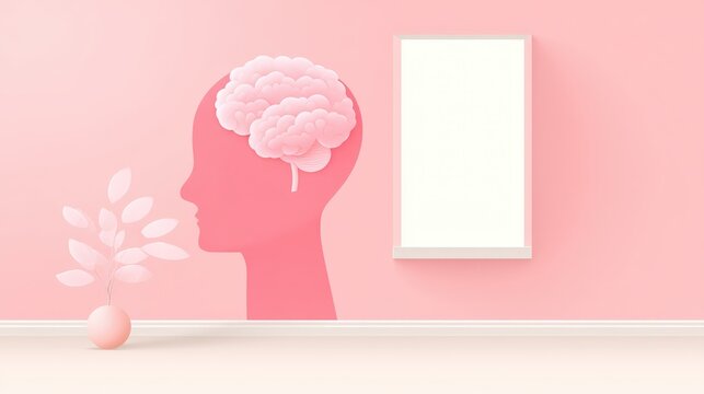 Simplified human head with brain in 3D minimal design, clean and soft isolation