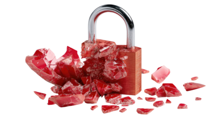 Shattered Security: A vivid image of a broken padlock, symbolizing breaches, vulnerabilities, and the crumbling of security measures.