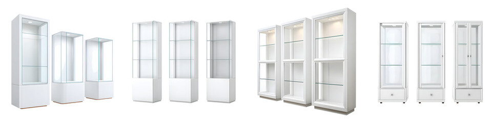 Sleek, modern display cabinets featuring glass shelves and minimalist design, perfect for showcasing collectibles in stylish interiors, enhancing any room's aesthetics.