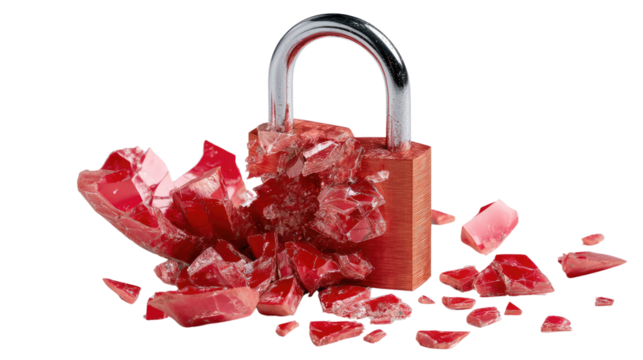 Shattered Security: A vivid image of a broken padlock, symbolizing breaches, vulnerabilities, and the crumbling of security measures.
