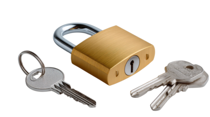 Security Essentials: A close-up shot of a gleaming padlock with a classic design and set of three shiny keys. A symbolic depiction of protection, access, and safeguarding.