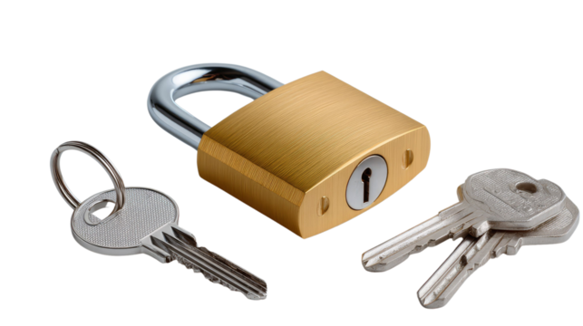 Security Essentials: A close-up shot of a gleaming padlock with a classic design and set of three shiny keys. A symbolic depiction of protection, access, and safeguarding.