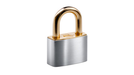 Naklejka premium Padlock Security: Close-up of a sturdy padlock, featuring a gleaming silver body and a polished gold shackle, symbolizing security and protection.