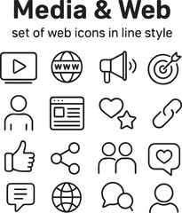 Media and Web set of web icons in line style. Social Media icons for web and mobile app. Containing media, website, marketing, business, social network, profile, page, rating, social links and more wi