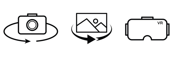 Camera photo VR headset 360 degree rotation icon vector illustration for immersive virtual tour technology experience panoramic visual navigation design.