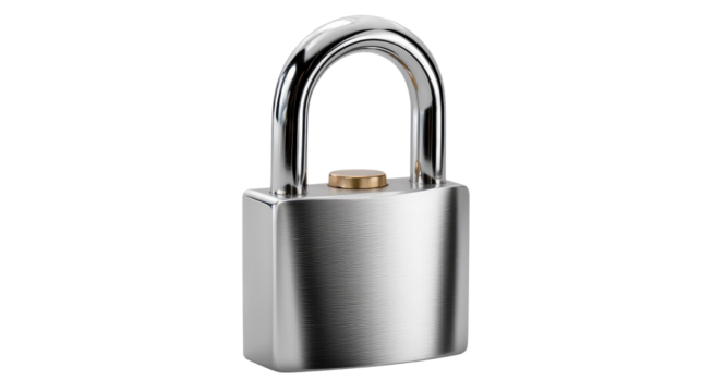 Secure Sentinel: A gleaming, metallic padlock stands as a robust emblem of safety and protection, showcasing its sleek design and formidable construction. 