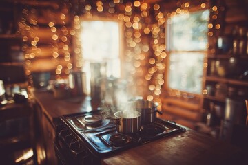 Warm kitchen with steaming pot and cozy bokeh lights.