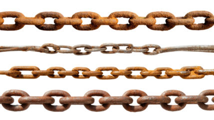 Rusty Chain Variety: A detailed shot showcases multiple rows of weathered, rusty chains with individual links, offering a tangible sense of history, strength, and the relentless passage of time.