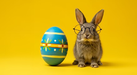 Bunny with Glasses and Decorated Egg on Yellow Background