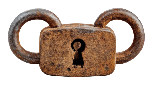 Timeworn Lock: This antique padlock, weathered by the passage of time, its iron surface etched with rust and the story of countless secrets.