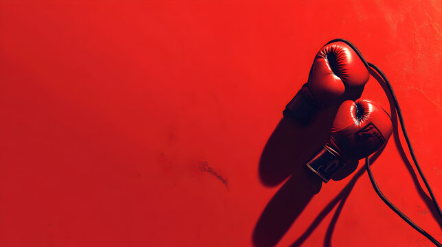 un par de guante de box junto a una soga o cuera para saltar sobre un fondo liso color rojo con espacio de copia deporte de alto rendimiento profesional de resistencia